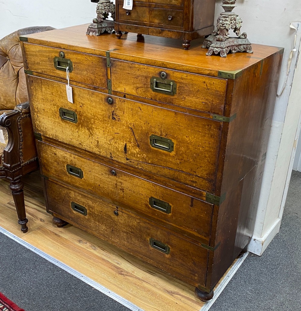 A Victorian brass bound mahogany two part military campaign chest, width 99cm, depth 45cm, height 101cm